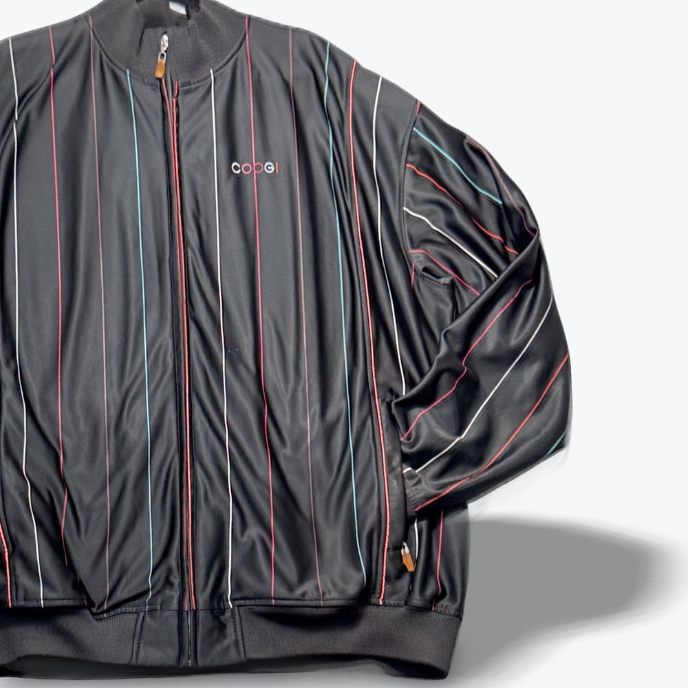Vintage 90s COOGI Black Multi Color Pinstripe Track Jacket Full Zip Mens 4XL